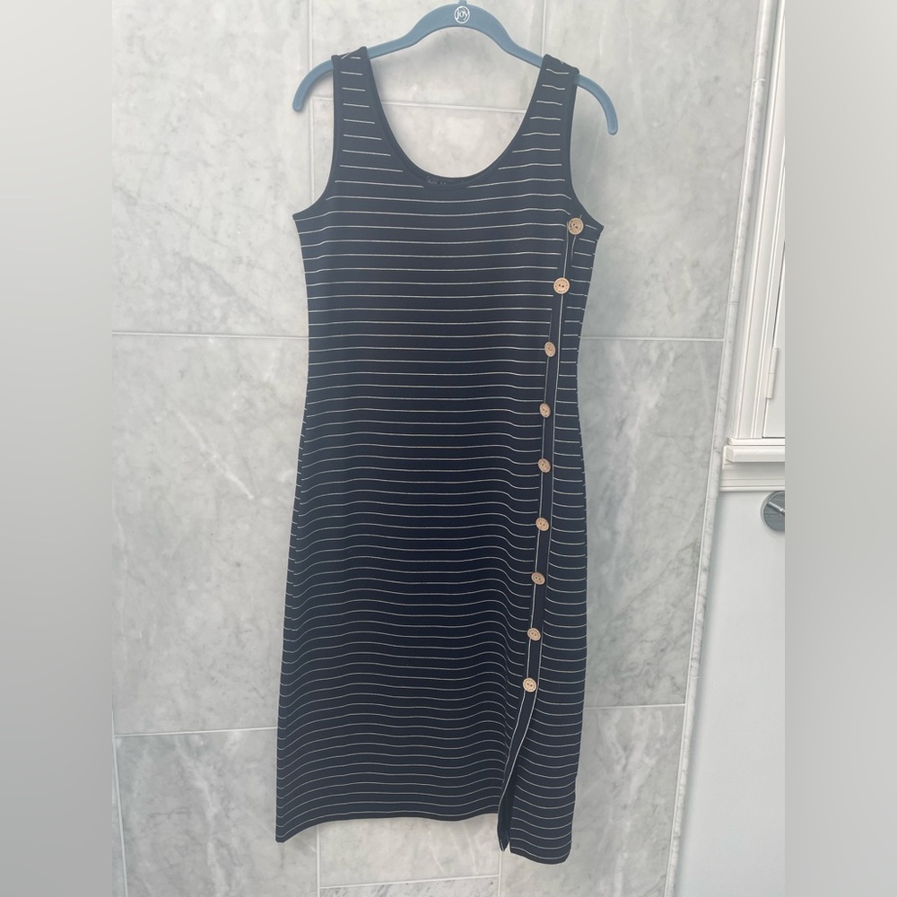 Tribal Femme Women’s Striped Navy MIDI dress with buttons size petite small